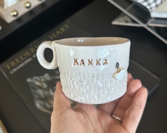 Handmade Ceramic Heart Mug: Personalized 24k Gold Charm Coffee Cup