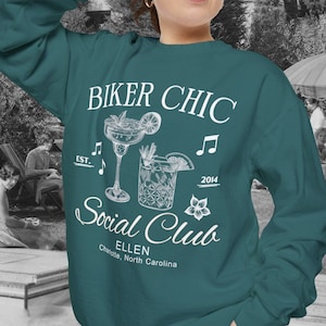 Biker Chic Social Club Shirts,  Custom Women&#39;s Motorcycle Club Sweatshirt, Retro Biker Girl Shirt, Social Club Cocktail Sweater, Lady Biker