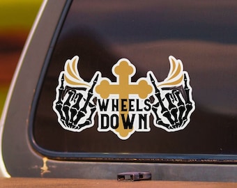 Wheels Down Biker Decal: Skeleton Hands, Gold Cross Vinyl Sticker