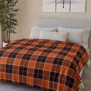 Orange, Black Plaid Tartan Blanket,  Plaid Blanket, College Blanket, Comfy Blanket, Couch Blanket, Plaid Throw, Sherpa Blanket, Plaid Throw