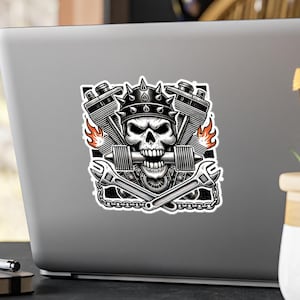 Gearhead Skull, Pistons & Flames Motorcycle Helmet Decal Biker Gift, Motorcycle Kiss-Cut Vinyl Decals, Bike Lover Sticker, Motorbike Decal