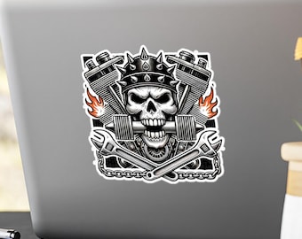 Gearhead Skull Vinyl Decal: Pistons & Flames Biker Helmet Sticker