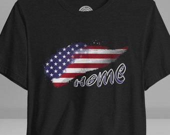 May include: Black t-shirt with a faded American flag design and the word "home" in blue lettering.