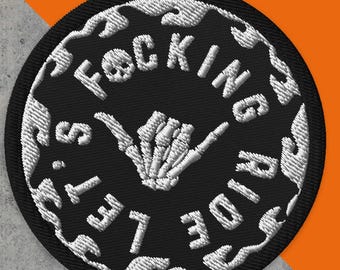 Let's Ride Embroidered Biker Patch: Skull Hand Hang Loose Sign