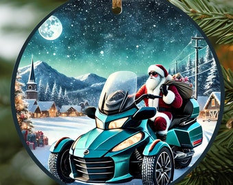 Santa on Teal Can-Am Spyder Ornament | Christmas Holiday Tree Decor
