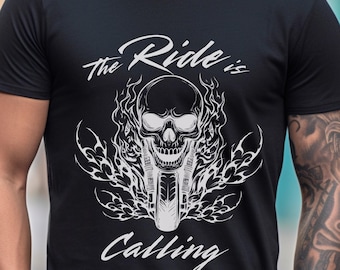 Skull Motorcycle T-Shirt: Biker Graphic Tee, The Ride is Calling