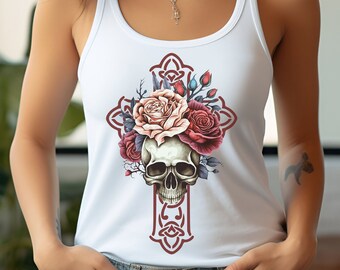 Cottagecore Skull & Roses Tank Top: Biker Chic Moto Mom Shirt