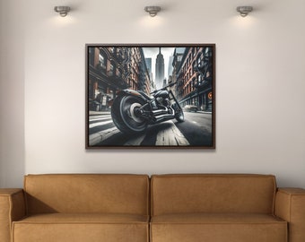 Urban Motorcycle Framed Canvas Wall Art, Huge Biker Canvas Wall Decor, Urban Motorcycle Canvas, Motorcycle Lovers Gift, Motorcycle Art