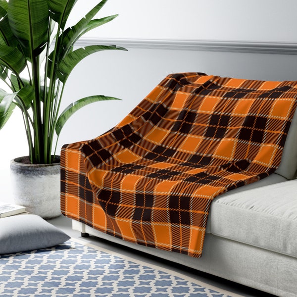 Orange, Black Plaid Tartan Blanket,  Plaid Blanket, College Blanket, Comfy Blanket, Couch Blanket, Plaid Throw, Sherpa Blanket, Plaid Throw