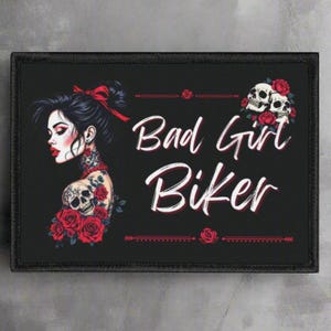 Bad Girl Biker Skull & Roses Printed Motorcycle Patch Gift for Mom | Wife | Sister | Girlfriend, Lady Applique Vest Patch, Moto Jacket Patch