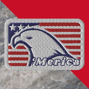 May include: A white embroidered patch with a blue eagle and the word "America" in blue lettering. The eagle is in front of a red, white, and blue American flag.