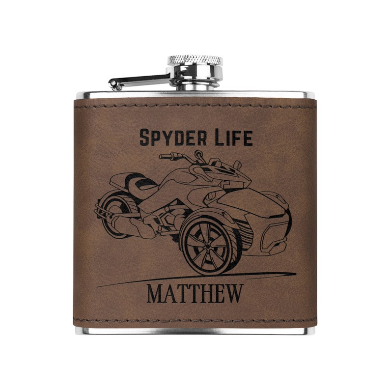 Personalized Can-Am Spyder Flask: Laser Engraved Leather Gift Dark Brown
