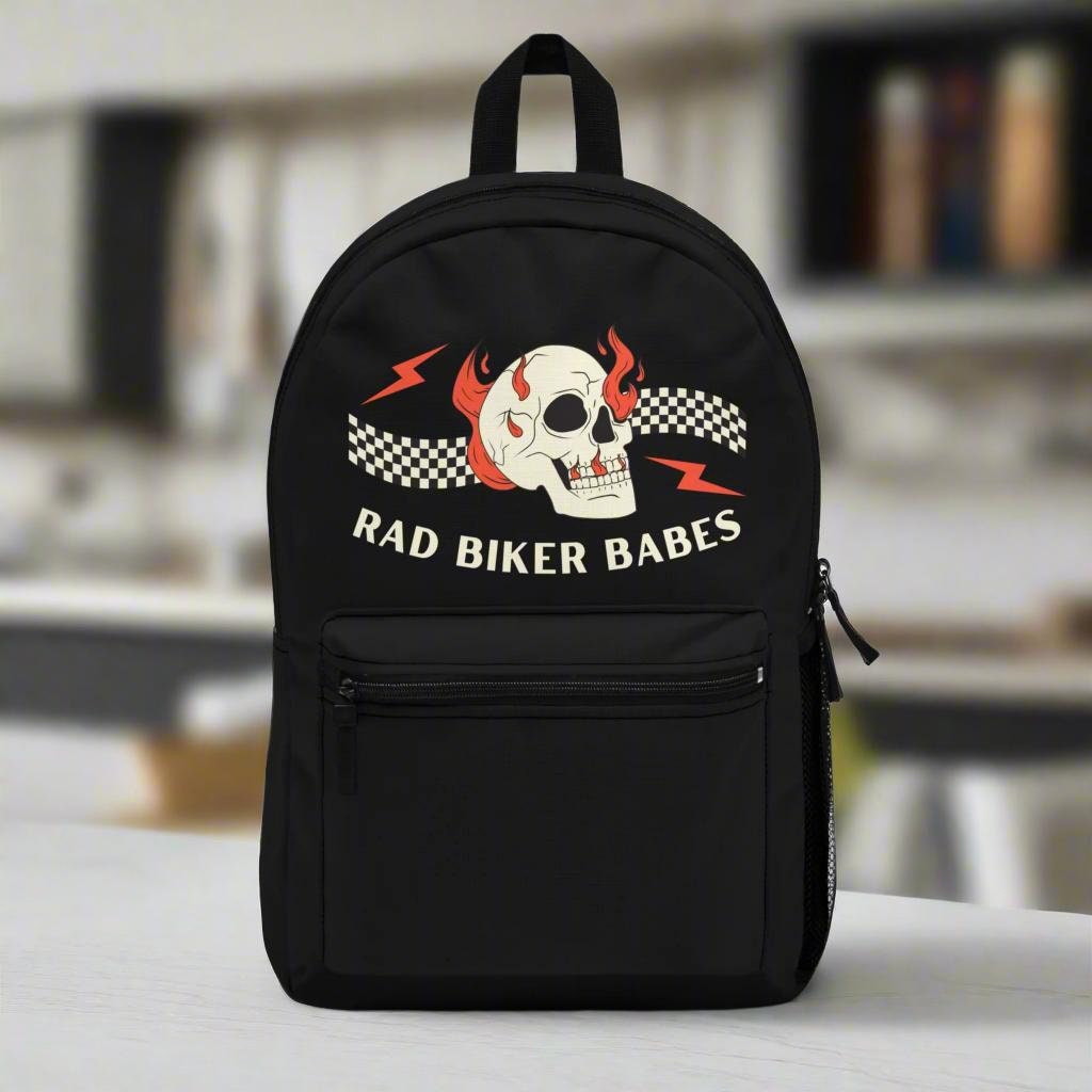 Rad Biker Babes Backpack: Vintage Skull Motorcycle Travel 