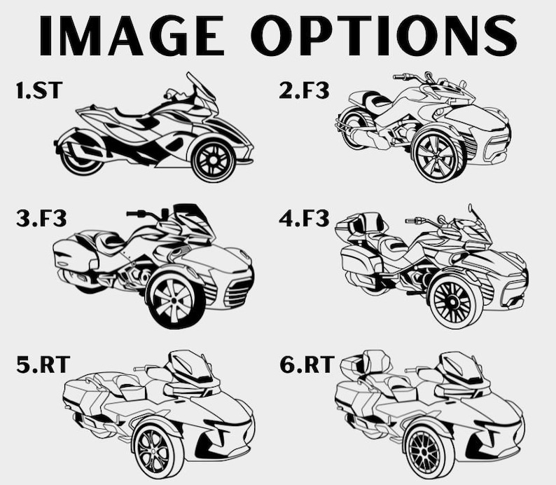 Pu&ograve; includere: Sei disegni in bianco e nero di una motocicletta a tre ruote. Ogni disegno ha una combinazione di numeri e lettere, come 1.ST, 2.F3, 3.F3, 4.F3, 5.RT e 6.RT.