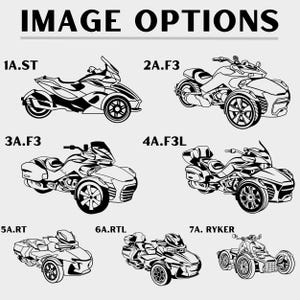 Op de afbeelding: Zwart-wit lijntekeningen van diverse driewielige motorfietsen. De afbeelding toont verschillende modellen met verschillende ontwerpen, aangeduid met alfanumerieke codes zoals "1A.ST" en "2A.F3". De tekst "IMAGE OPTIONS" staat bovenaan.