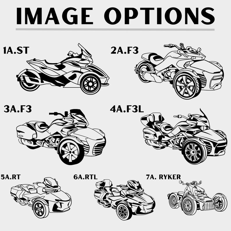 Op de afbeelding: Zwart-wit lijntekeningen van diverse driewielige motorfietsen. De afbeelding toont verschillende modellen met verschillende ontwerpen, aangeduid met alfanumerieke codes zoals "1A.ST" en "2A.F3". De tekst "IMAGE OPTIONS" staat bovenaan.