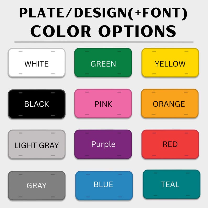 Op de afbeelding: Afbeelding met verschillende kleuropties voor kentekenplaten. De beschikbare kleuren zijn wit, groen, geel, zwart, roze, oranje, lichtgrijs, paars, rood, grijs, blauw en blauwgroen. De tekst bovenaan luidt "PLATE/DESIGN(+FONT) COLOR OPTIONS."
