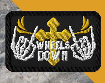 Wheels Down Biker Patch: Embroidered Motorcycle Skull & Cross Applique
