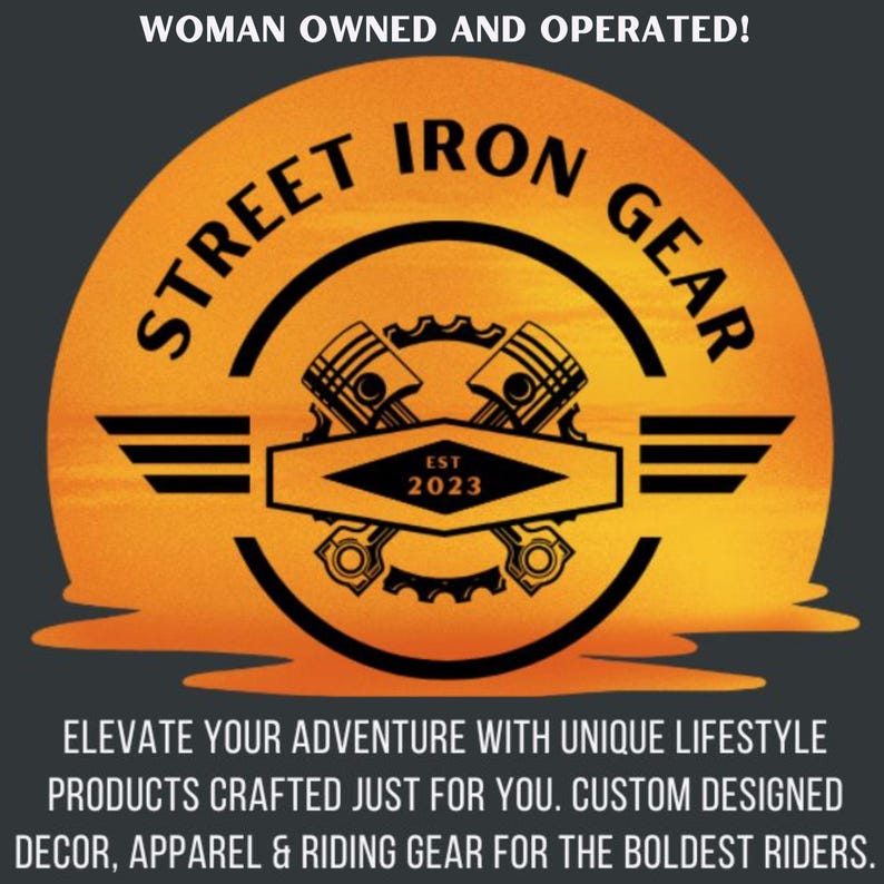 May include: A logo for Street Iron Gear, featuring a stylized orange sunburst design with black text and graphics. The logo includes the text "STREET IRON GEAR" and "EST 2023", along with the tagline "ELEVATE YOUR ADVENTURE WITH UNIQUE LIFESTYLE PRODUCTS".