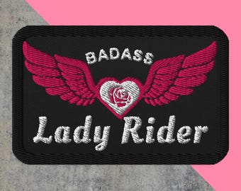 Badass Lady Rider Embroidered Patch: Winged Roses Biker Applique