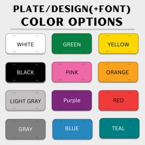 May include: Image showing a variety of license plate color options. The available colors include white, green, yellow, black, pink, orange, light gray, purple, red, gray, blue, and teal. The text at the top reads "PLATE/DESIGN(+FONT) COLOR OPTIONS."