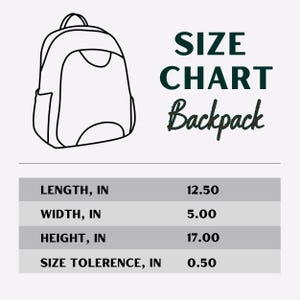 Puede incluir: Un dibujo en blanco y negro de una mochila con medidas de longitud, ancho, altura y tolerancia de tama&ntilde;o en pulgadas.