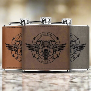 Personalized Flask for Him, Custom Name Laser Engraved Flask, Gift for Motorcycle Fan, Biker Husband Gift, Motorcycle Lover, Whiskey Flask