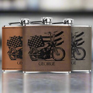 Personalized American Pride Flask for Him, Custom Name Flask, Gift for Motorcycle Fan, Biker Husband Gift, Motorcycle Lover Whiskey Flask