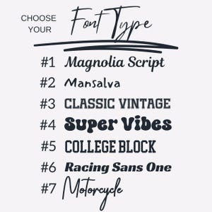 May include: A list of seven different font styles with their names and numbers. The font styles include Magnolia Script, Mansalva, CLASSIC VINTAGE, Super Vibes, COLLEGE BLOCK, Racing Sans One, and Motorcycle.