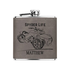 Personalized Can-Am Spyder Flask: Laser Engraved Leather Gift Gray