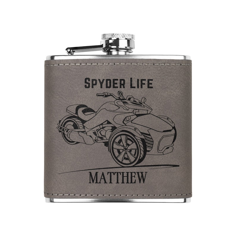 Personalized Can-Am Spyder Flask: Laser Engraved Leather Gift Gray