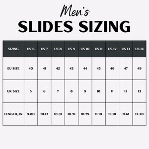 May include: A chart showing men's slides sizing in US, EU, and UK sizes, along with the corresponding length in inches.