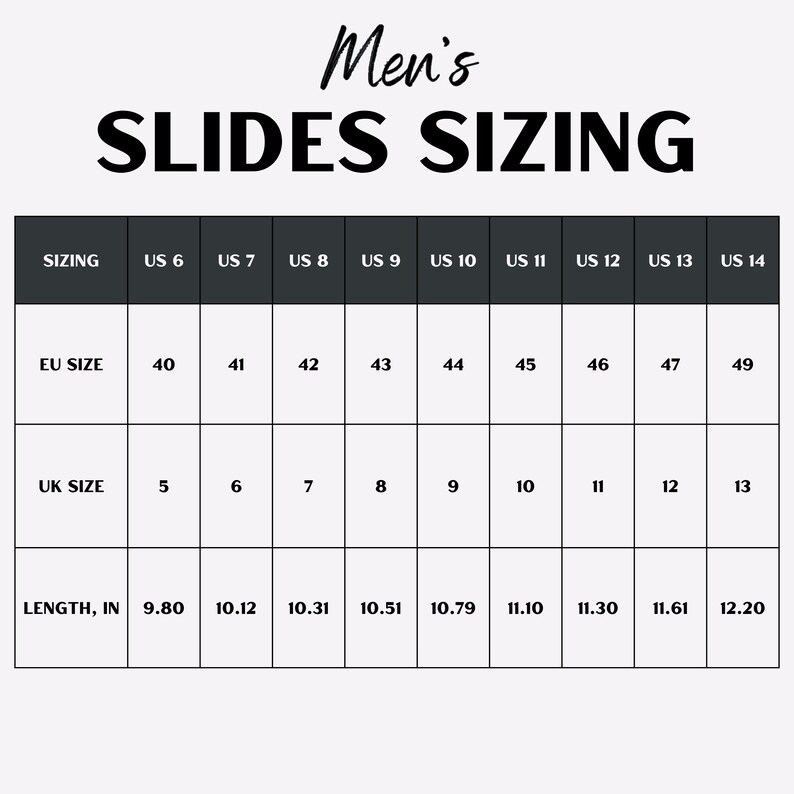 May include: A chart showing men's slides sizing in US, EU, and UK sizes, along with the corresponding length in inches.