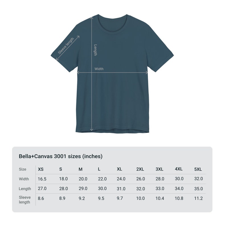May include: A size chart for Bella+Canvas 3001 t-shirts, showing measurements in inches for sizes XS through 5XL. The chart includes width, length, and sleeve length.