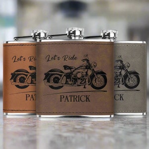 Personalized Flask for Him, Custom Name Laser Engraved Flask, Gift for Motorcycle Fan, Biker Husband Gift, Motorcycle Lover, Whiskey Flask