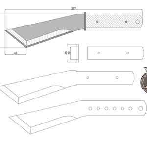 May include: A technical drawing of a knife, featuring a blade with a 43mm width and a total length of 277mm. The design includes detailed dimensions and a textured handle, along with separate component outlines for DIY projects.