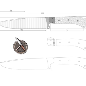 Puede incluir: Un dibujo a línea de un cuchillo con medidas en pulgadas. El cuchillo tiene una hoja de 9,5 pulgadas de largo y 1,6 pulgadas de ancho. El mango mide 4,2 pulgadas de largo y 11,4 pulgadas de ancho. La longitud total del cuchillo es de 12,3 pulgadas.