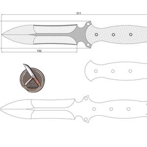 May include: Detailed technical drawing of a knife, featuring dimensions in millimeters. The design includes a double-edged blade, a textured handle, and a separate handle template. A small circular logo with a knife is also present.