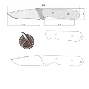 Könnte beinhalten: Detaillierte Zeichnung eines Messers mit Abmessungen in Millimetern. Das Messerdesign umfasst eine Klinge mit strukturierter Oberfläche und einen Griff mit gepunktetem Muster. Das Bild enthält auch ein rundes Logo mit einer Messerillustration und dem Text "DIY Knife Shop".