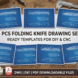 May include: A collection of eight folding knife blueprints on blue grid paper is shown. The text reads "8 PCS FOLDING KNIFE DRAWING SET READY TEMPLATES FOR DIY & CNC." The image also includes DWG, DXF, and PDF file icons.