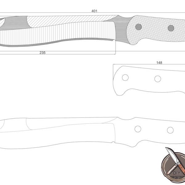 Full-Tang Chef Knife Digital Template, Professional Kitchen Knife Crafting Files DXF DWG Pdf, DIY  Knife Blueprint, Custom Chef's Knife Plan