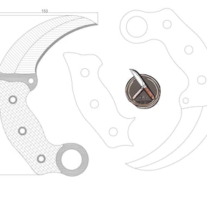 May include: A black and white line drawing of a DIY knife design. The design includes a 19 cm blade and a 22 cm handle. The design is labelled "DIY Knife Design".