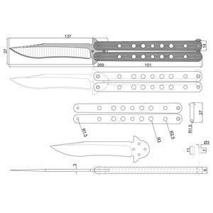 Puede incluir: Dibujo técnico de una navaja mariposa, también conocida como balisong. El dibujo incluye múltiples vistas con medidas en milímetros, incluyendo la hoja, el mango y el pasador. La longitud total del cuchillo es de 269 mm.