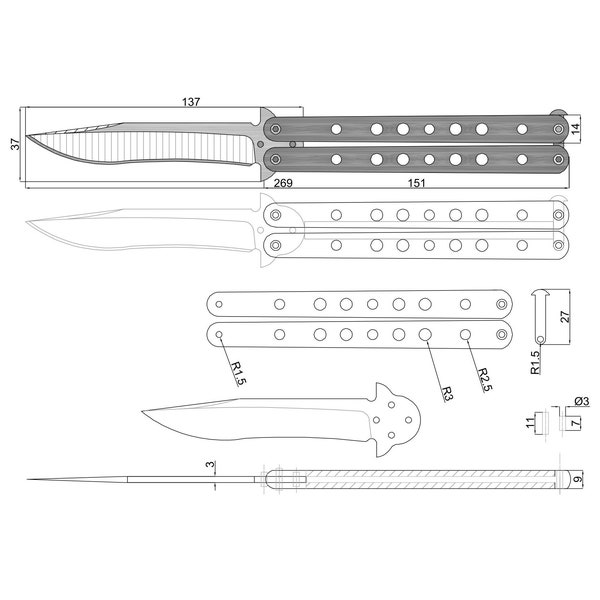 Moderne Balisong Butterfly Vorlage, detailliertes Spiegelmesser Design DXF DWG Pdf, DIY Balisong Basteln Vorlage, Trickmesser Pläne