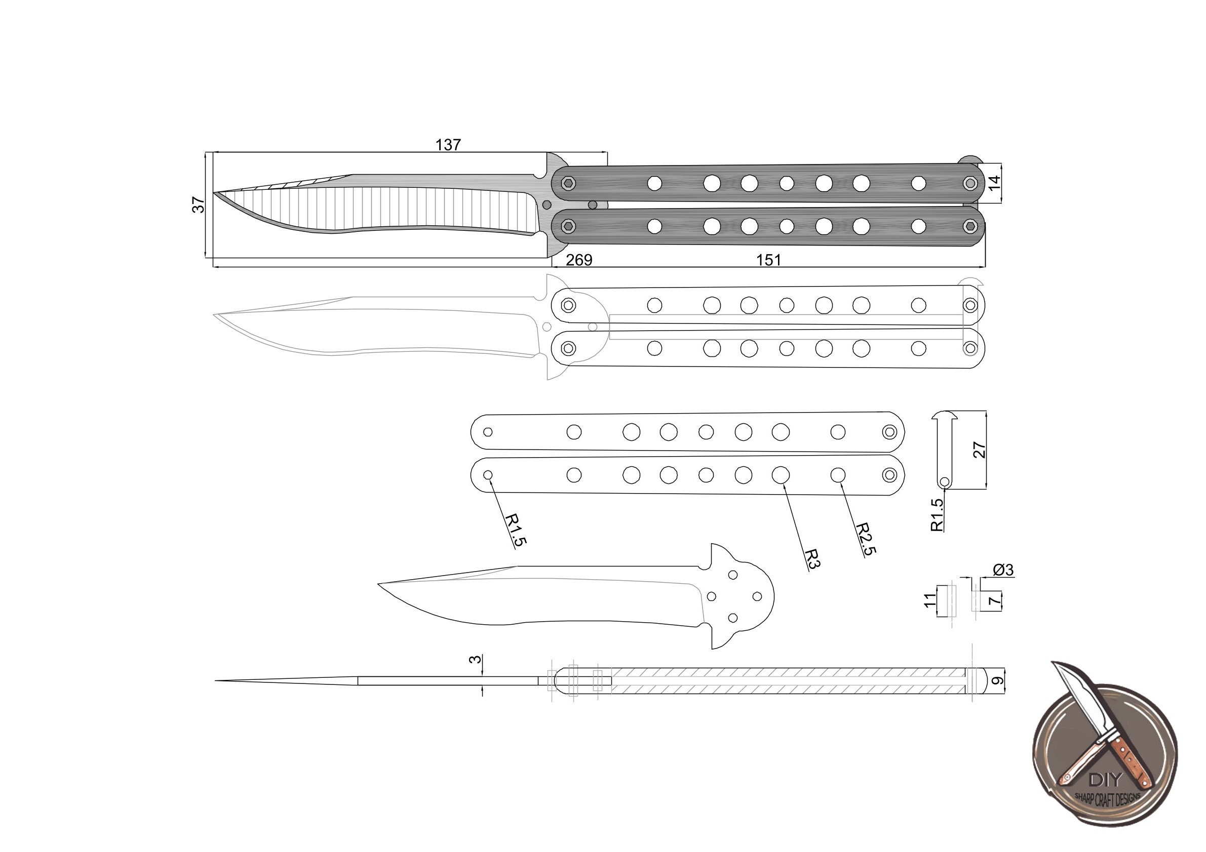 Advanced Balisong Butterfly Knife Template, Detailed Flipping Knife Advanced Balisong Butterfly Knife Template, Detailed Flipping Knife