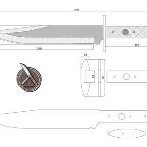 Könnte beinhalten: Eine Schwarzweiß-Zeichnung eines Messers mit Maßen in Zentimetern. Das Messer hat eine Klinge, die 21,8 cm lang ist, und einen Griff, der 12,4 cm lang ist. Die Gesamtlänge des Messers beträgt 34 cm. Die Zeichnung enthält auch eine Nahaufnahme des Griffs und eine separate Zeichnung der Klinge.