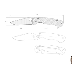 May include: A diagram of a folding knife, with measurements in millimetres. The blade is 90 mm long, and the overall knife length is 221 mm. The handle has a textured pattern. A small logo with a knife is in the corner.