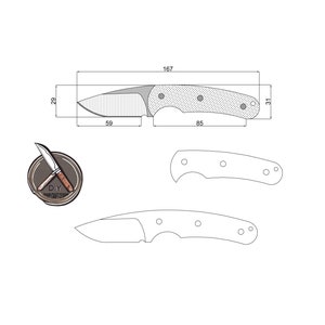 Puede incluir: Dibujo de línea de un cuchillo con medidas en centímetros. El cuchillo tiene un mango negro con un patrón texturizado y una hoja plateada. El dibujo también incluye un primer plano del mango y la hoja.