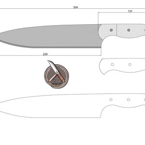 Op de afbeelding: Een lijntekening van een mes met een 35 cm lang lemmet en een 13 cm lang handvat. Het lemmet is 23 cm lang en het handvat 12 cm lang. Het mes wordt in twee aanzichten getoond: een zijaanzicht en een bovenaanzicht.