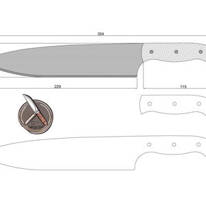 May include: A line drawing of a knife with a 11.5 inch blade and a 3.5 inch handle. The knife is 14 inches long. The drawing includes measurements for the blade, handle, and overall length.